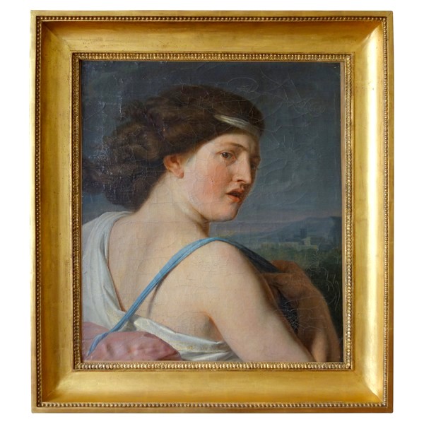 Late 18th century French school : portrait of Diana, hunting goddess, oil on canvas signed, dated 1799