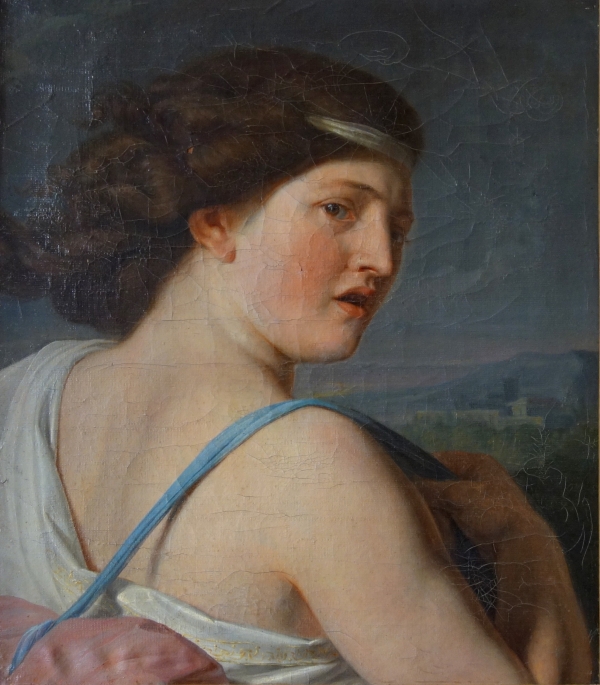 Ecole française de la fin XVIIIe siècle : portrait de Diane chasseresse - huile sur toile signée et datée 1799