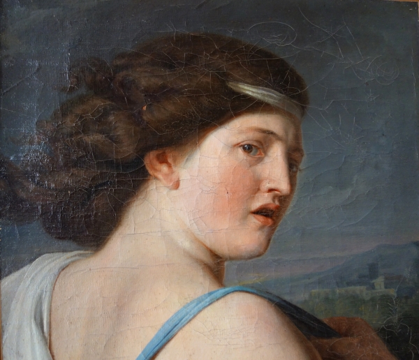 Late 18th century French school : portrait of Diana, hunting goddess, oil on canvas signed, dated 1799