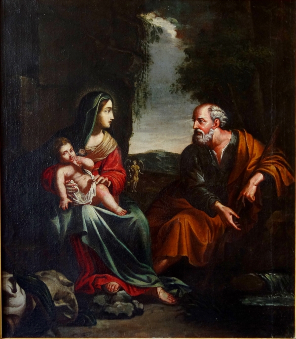 Ecole française du XVIIe siècle, le repos pendant la fuite en Egypte - Sainte Famille 94,5cm x 106cm