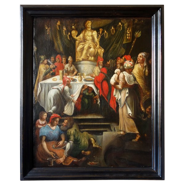 Ecole Française du XVIIe siècle, scène de festin pittoresque - grande huile sur toile - 114cm X 91cm