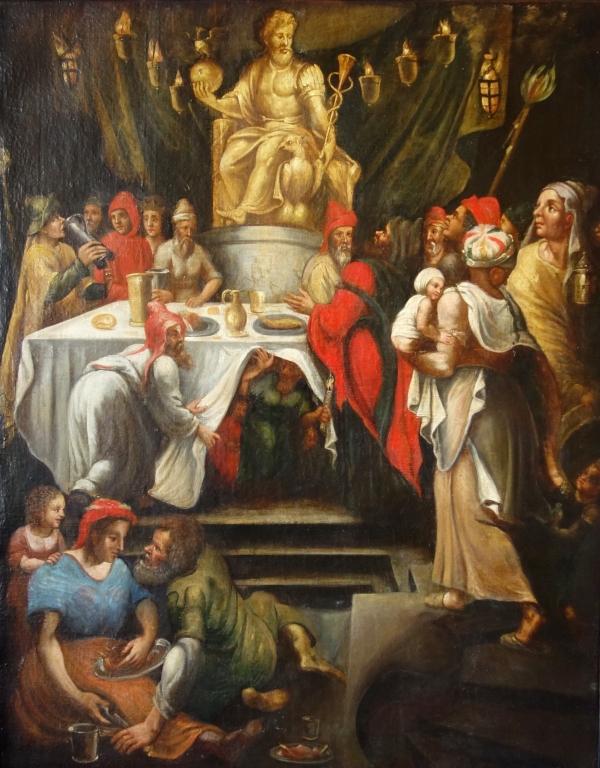 Ecole Française du XVIIe siècle, scène de festin pittoresque - grande huile sur toile - 114cm X 91cm