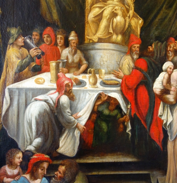 Ecole Française du XVIIe siècle, scène de festin pittoresque - grande huile sur toile - 114cm X 91cm