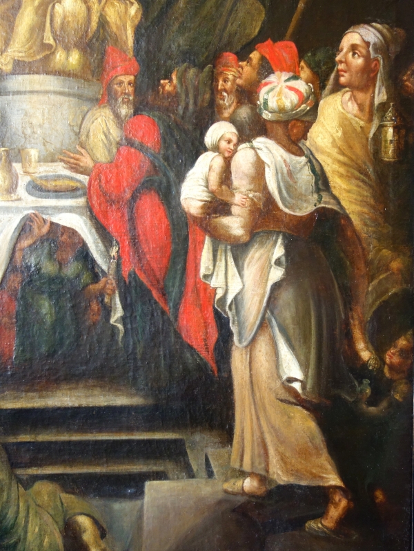 Ecole Française du XVIIe siècle, scène de festin pittoresque - grande huile sur toile - 114cm X 91cm