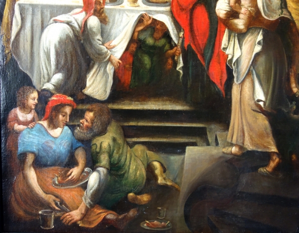 Ecole Française du XVIIe siècle, scène de festin pittoresque - grande huile sur toile - 114cm X 91cm