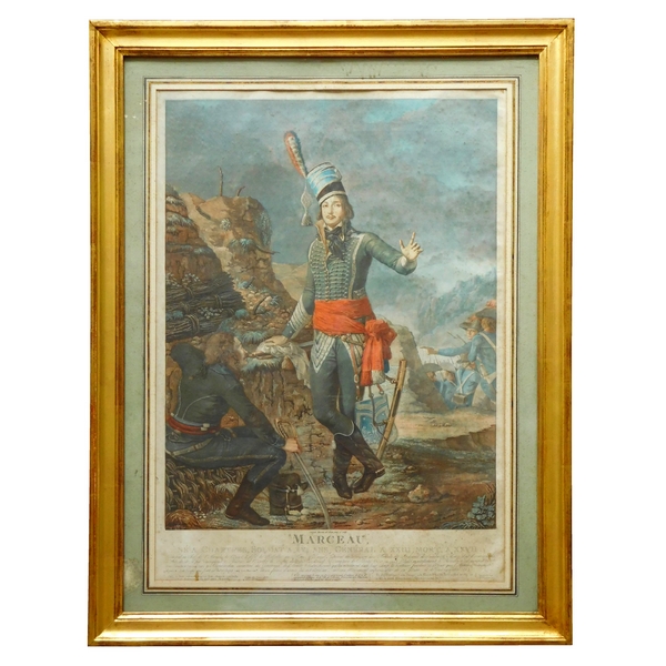 Late 18th century colored engraving : General Marceau in a gilt frame circa 1798