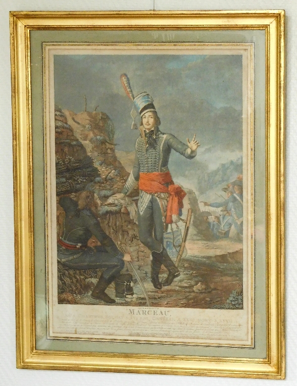 Le Général Marceau, grande eau forte en couleurs de 1798 dans cadre doré à la feuille d'or