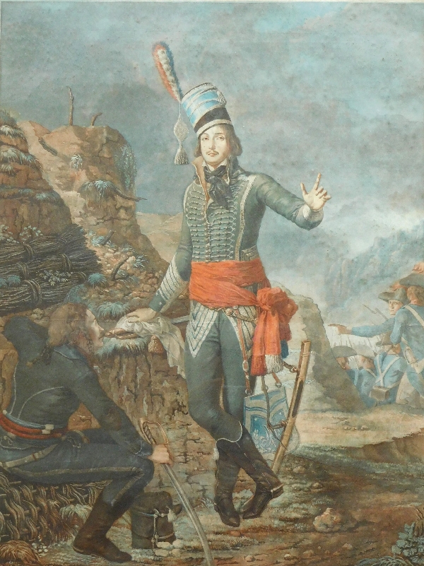 Le Général Marceau, grande eau forte en couleurs de 1798 dans cadre doré à la feuille d'or