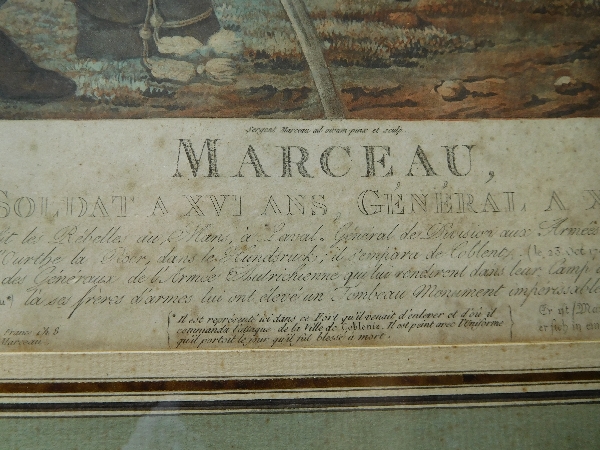 Le Général Marceau, grande eau forte en couleurs de 1798 dans cadre doré à la feuille d'or