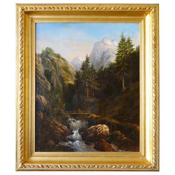 Ecole française du XIXe siècle : grand tableau de montagne attribué à Godchaux - 126,5cm x 108,5cm