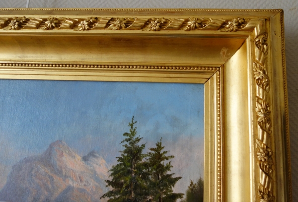 Ecole française du XIXe siècle : grand tableau de montagne attribué à Godchaux - 126,5cm x 108,5cm