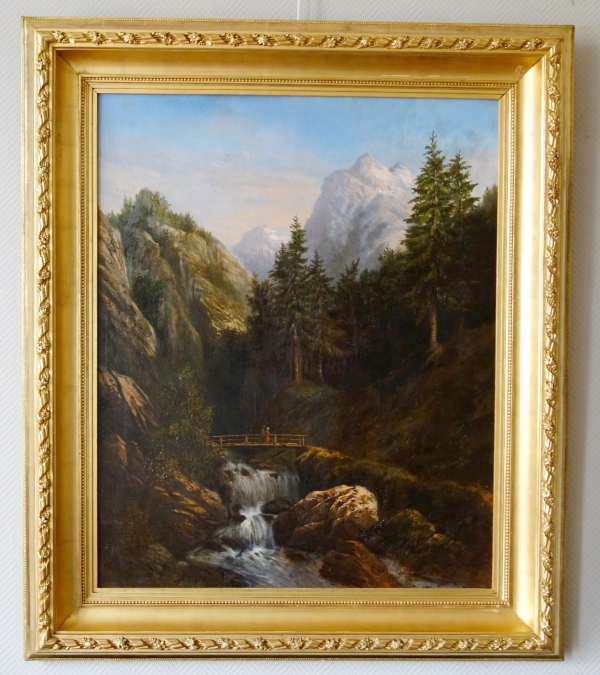 Ecole française du XIXe siècle : grand tableau de montagne attribué à Godchaux - 126,5cm x 108,5cm