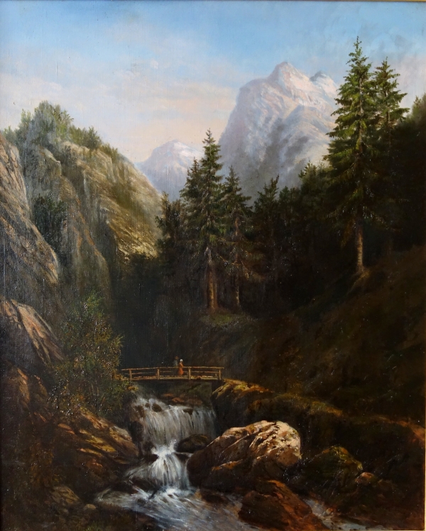 Ecole française du XIXe siècle : grand tableau de montagne attribué à Godchaux - 126,5cm x 108,5cm