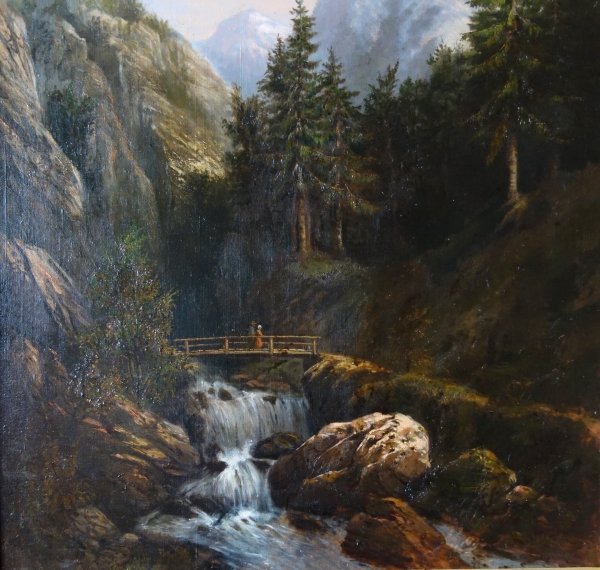 Alfred Godchaux : large oil on canvas, mountain landscape - 126.5cm x 108.5cm