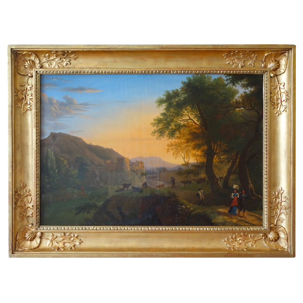 Grand paysage romantique & lumière du soir, huile sur toile d'époque Restauration - 100cm x 75cm