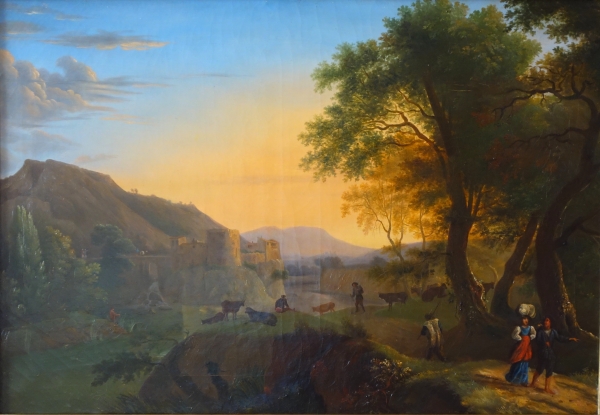 Grand paysage romantique & lumière du soir, huile sur toile d'époque Restauration - 100cm x 75cm