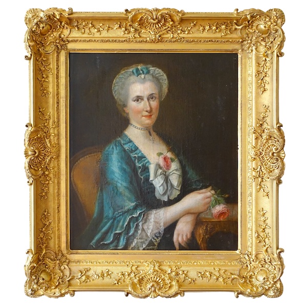 Ecole française du XVIIIe siècle : grand portrait de dame aristocrate d'époque Louis XV, huile sur toile