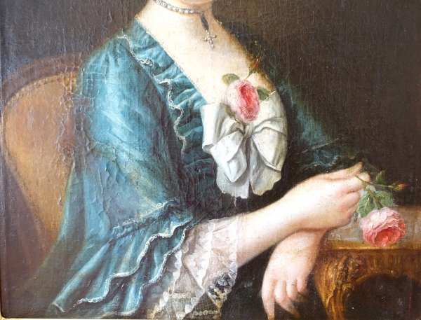 Ecole française du XVIIIe siècle : grand portrait de dame aristocrate d'époque Louis XV, huile sur toile