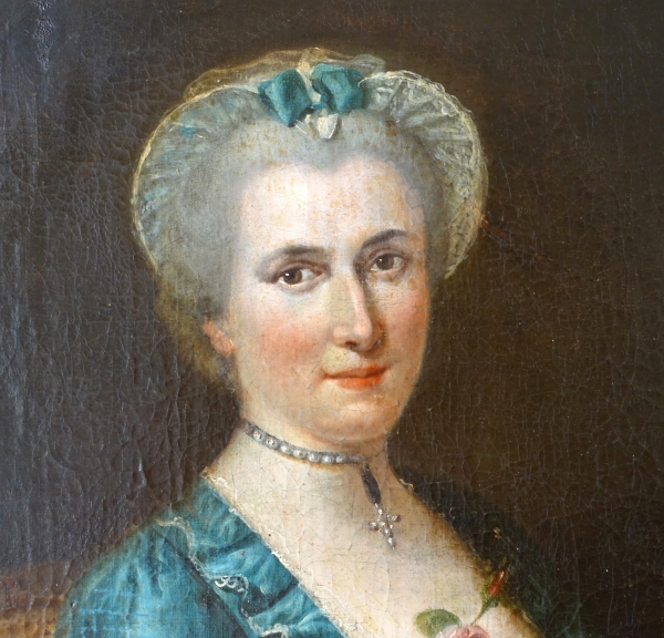 Ecole française du XVIIIe siècle : grand portrait de dame aristocrate d'époque Louis XV, huile sur toile