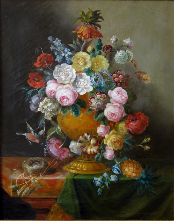 Ecole Française du XIXe siècle : grand tableau de fleurs vers1840 - 92cm x 73cm