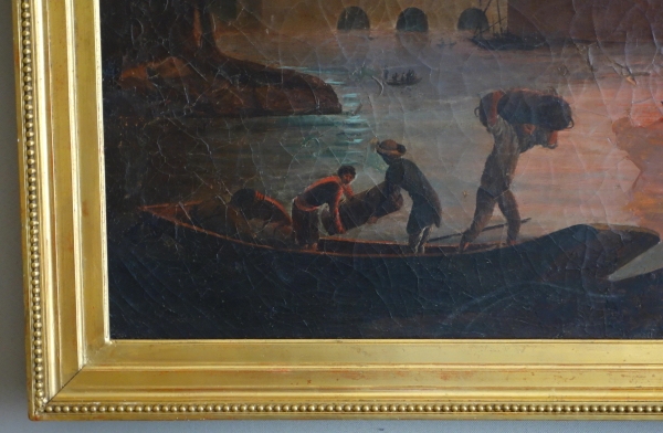 Grande huile sur toile, souvenir du Grand Tour - Incendie d'une ville - 127cm x 109cm