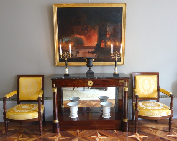 Grande huile sur toile, souvenir du Grand Tour - Incendie d'une ville - 127cm x 109cm