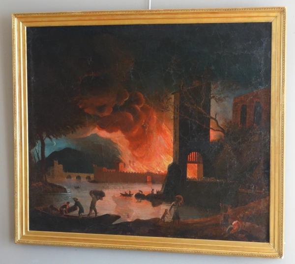Grande huile sur toile, souvenir du Grand Tour - Incendie d'une ville - 127cm x 109cm