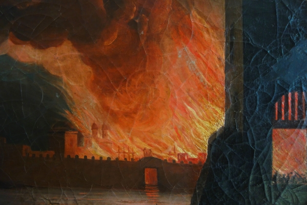 Grande huile sur toile, souvenir du Grand Tour - Incendie d'une ville - 127cm x 109cm