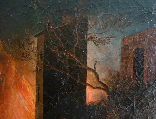 Grande huile sur toile, souvenir du Grand Tour - Incendie d'une ville - 127cm x 109cm