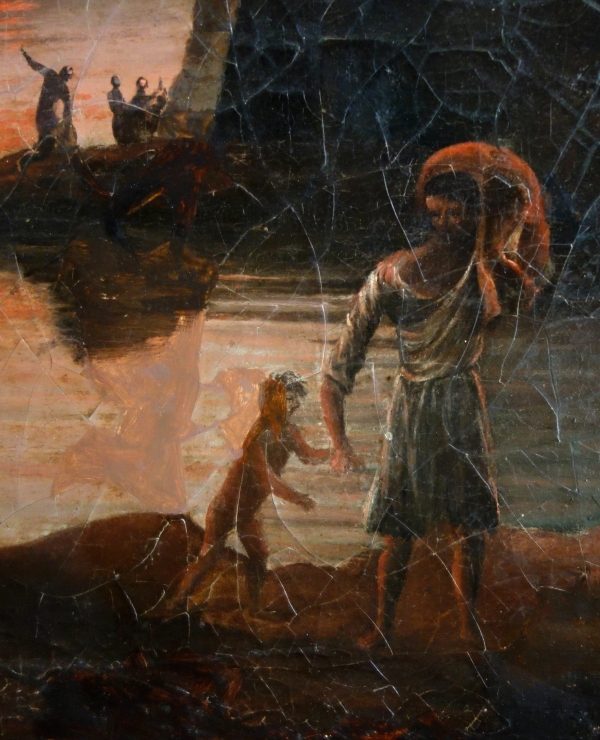 Grande huile sur toile, souvenir du Grand Tour - Incendie d'une ville - 127cm x 109cm