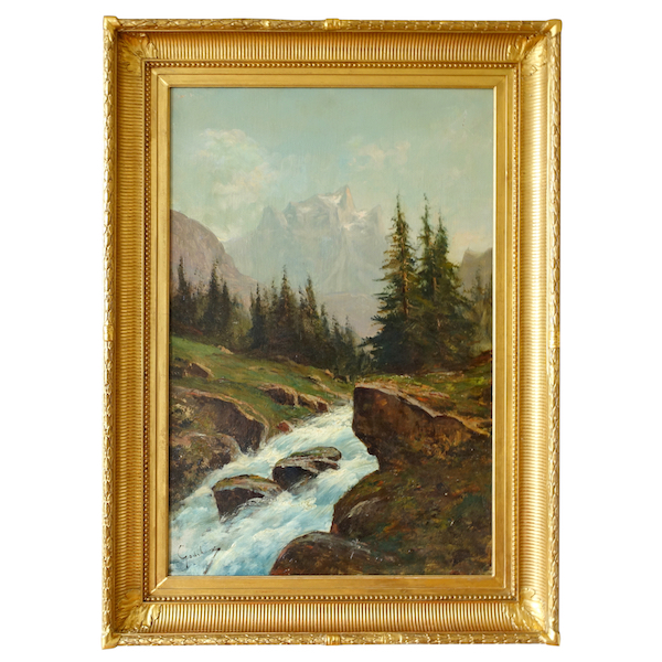 Emile Godchaux : tall oil on canvas, mountain landscape - 82.5cm x 113.5cm