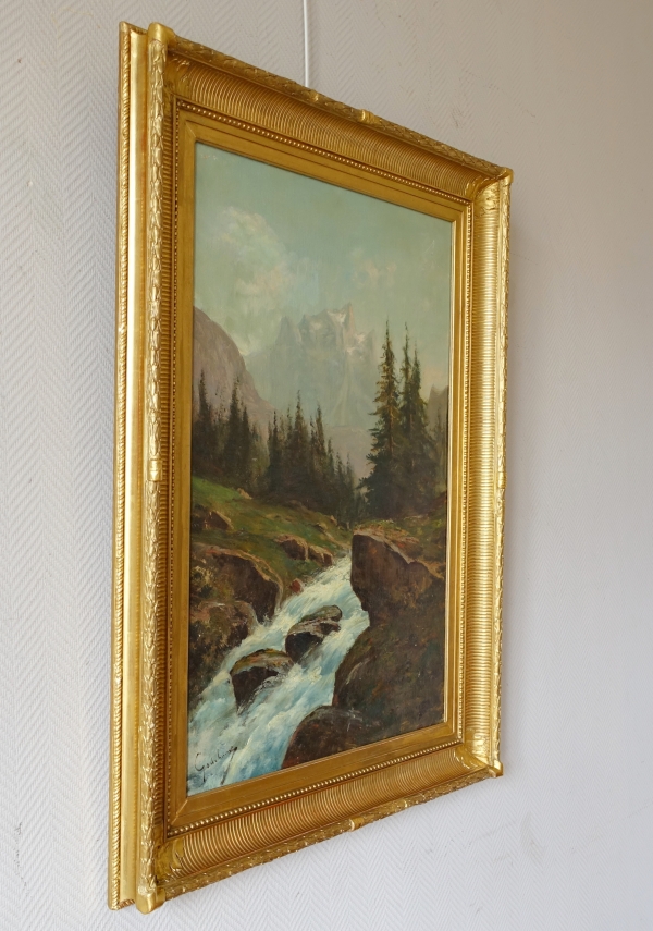 Emile Godchaux : tall oil on canvas, mountain landscape - 82.5cm x 113.5cm