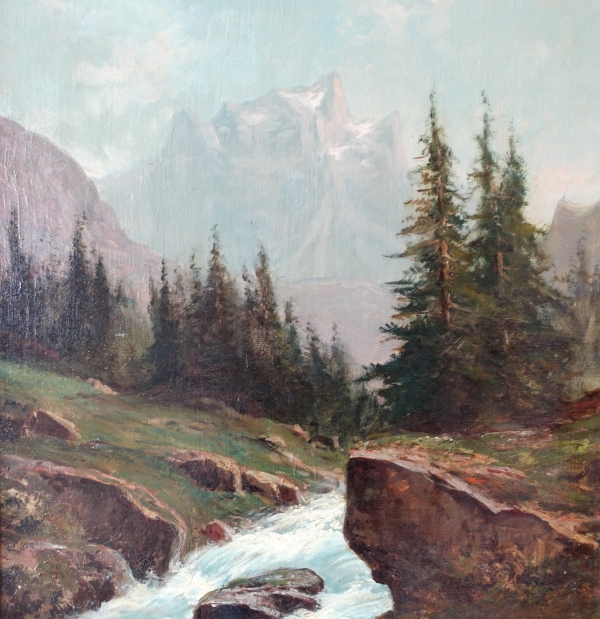 Emile Godchaux : tall oil on canvas, mountain landscape - 82.5cm x 113.5cm