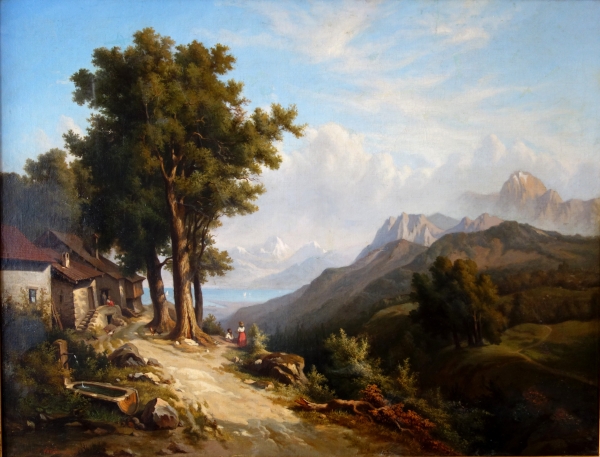 19th century French school : large mountain landscape painting - 136cm x 109cm