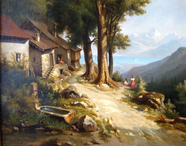 19th century French school : large mountain landscape painting - 136cm x 109cm