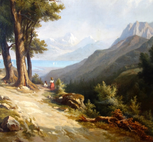 19th century French school : large mountain landscape painting - 136cm x 109cm