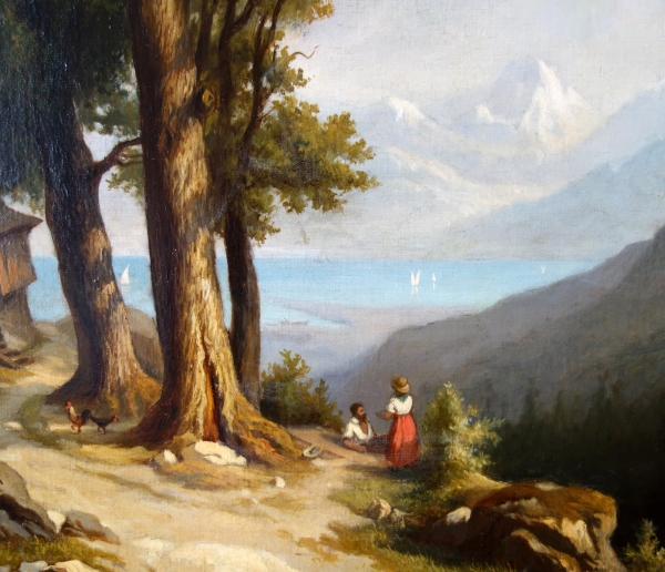 19th century French school : large mountain landscape painting - 136cm x 109cm