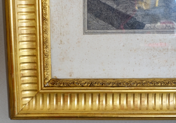 Large royalist engraving : portrait of Louis XIV, gilt wood frame - 82cm x 99.5cm