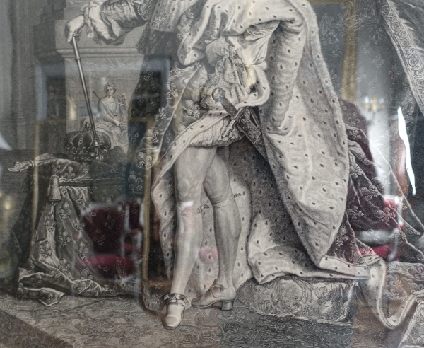 Large royalist engraving : portrait of Louis XIV, gilt wood frame - 82cm x 99.5cm