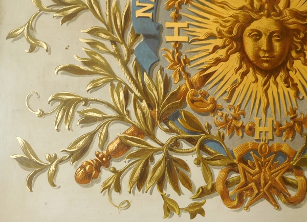 Grande huile sur cuivre royaliste aux armes de Louis XIV - époque Restauration XIXe siècle