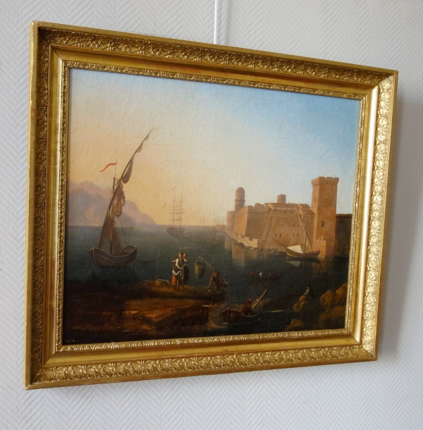 Ecole Française début XIXe, marine dans le goût de Lacroix de Marseille : le Vieux Port & le Fort Saint Jean
