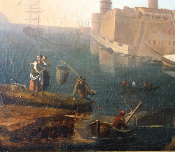 Ecole Française début XIXe, marine dans le goût de Lacroix de Marseille : le Vieux Port & le Fort Saint Jean