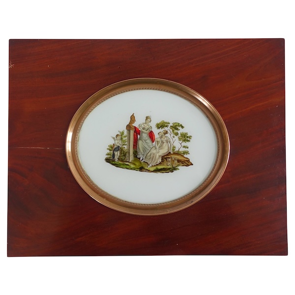 Large Empire glass miniature : allegory of hero-worship set into a mahogany frame - 32cm x 25cm