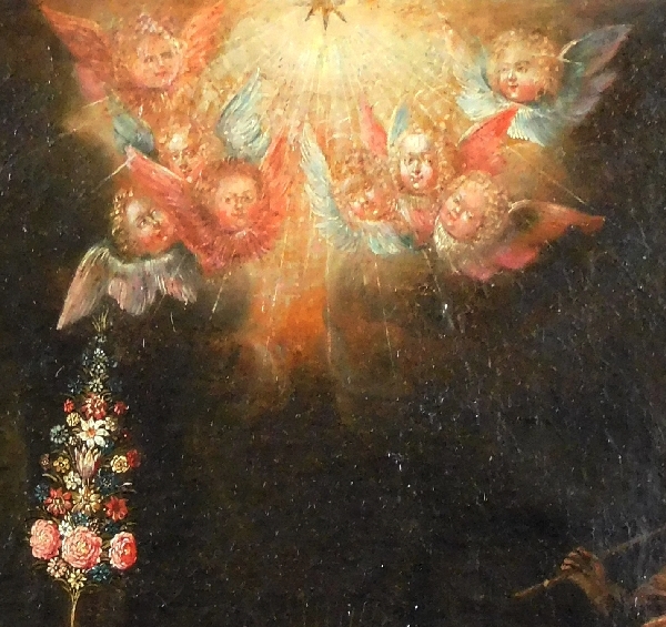 Ecole du XVIIe siècle, huile sur toile : la Nativité - Sainte Famille dans la crèche 76cm x 104cm