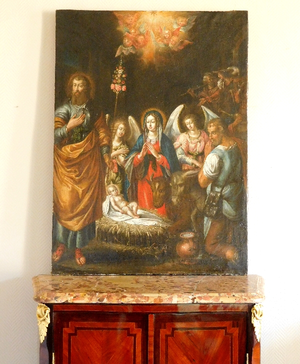 Ecole du XVIIe siècle, huile sur toile : la Nativité - Sainte Famille dans la crèche 76cm x 104cm