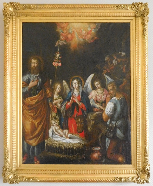 Ecole du XVIIe siècle, huile sur toile : la Nativité - Sainte Famille dans la crèche 76cm x 104cm