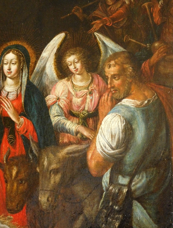 Ecole du XVIIe siècle, huile sur toile : la Nativité - Sainte Famille dans la crèche 76cm x 104cm