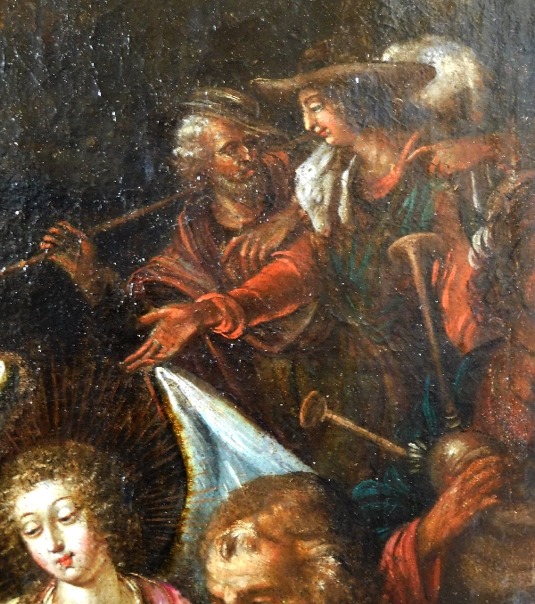 Ecole du XVIIe siècle, huile sur toile : la Nativité - Sainte Famille dans la crèche 76cm x 104cm