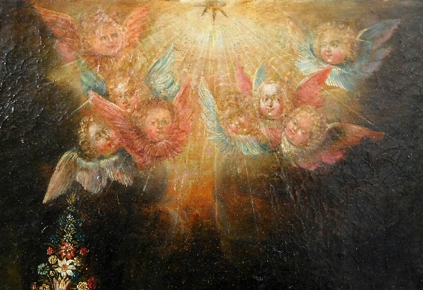 Ecole du XVIIe siècle, huile sur toile : la Nativité - Sainte Famille dans la crèche 76cm x 104cm