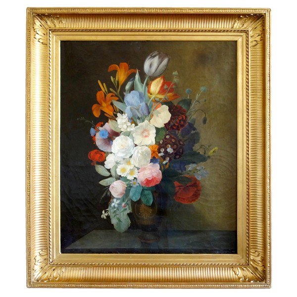 Ecole Française du début XIXe siècle, grande nature morte aux fleurs - huile sur toile - 59,5cm x 71,5cm